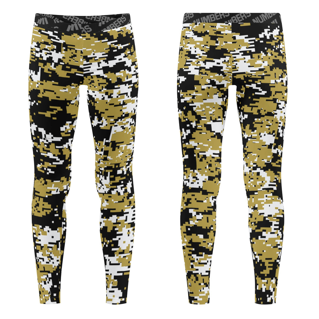 Athletic sports unisex compression tights for girls and boys flag football, tackle football, basketball, track, running, training, gym workout etc printed in black, gold, white UCF Knights colors