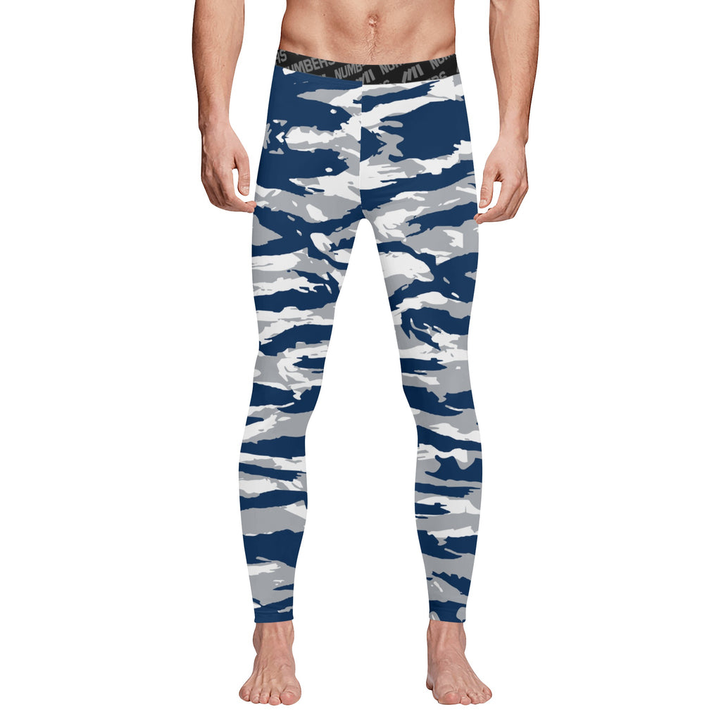 Athletic sports compression tights for youth and adult football, basketball, running, track, etc printed with predator navy blue gray white Dallas Cowboys colors