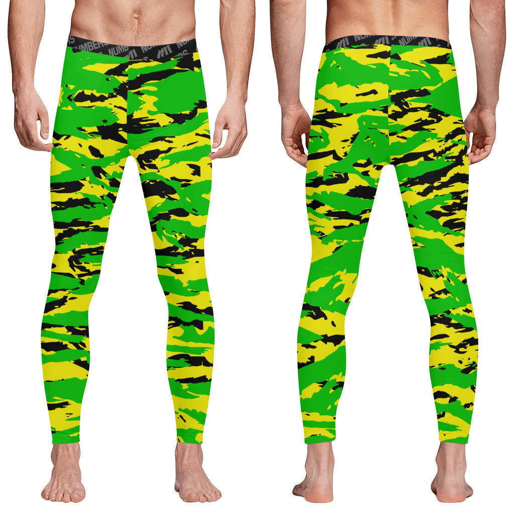 Athletic sports compression tights for youth and adult football, basketball, running, track, etc printed with predator fluorescent yellow green black Oregon Ducks