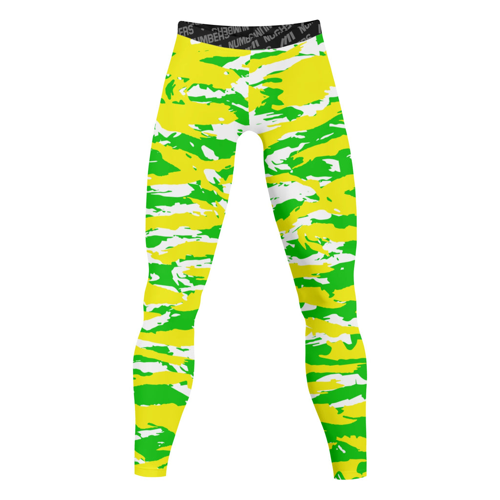 Athletic sports compression tights for youth and adult football, basketball, running, track, etc printed with predator fluorescent green yellow white Oregon Ducks 