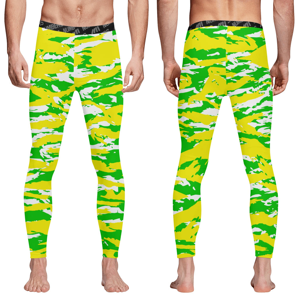 Athletic sports compression tights for youth and adult football, basketball, running, track, etc printed with predator fluorescent green yellow white Oregon Ducks 