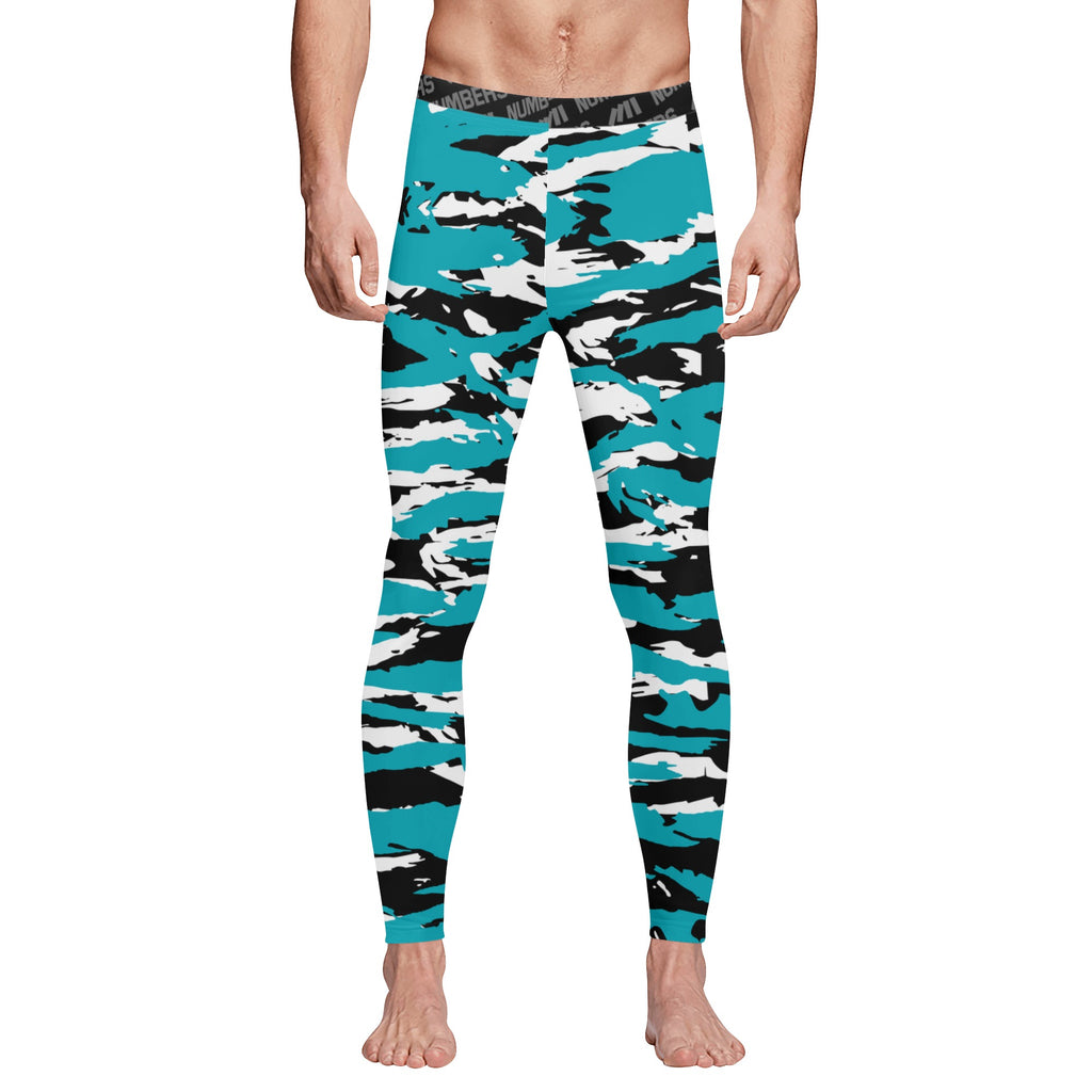Athletic sports compression tights for youth and adult football, basketball, running, track, etc printed with predator aqua black white San Jose Sharks