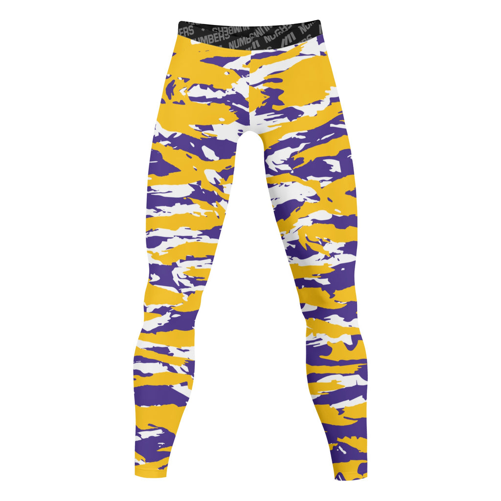 Athletic sports compression tights for youth and adult football, basketball, running, track, etc printed with predator purple yellow white Minnesota Vikings LSU Tigers      
