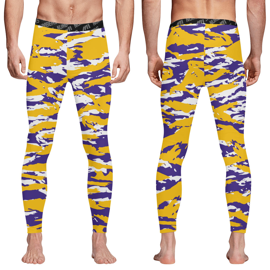 Athletic sports compression tights for youth and adult football, basketball, running, track, etc printed with predator purple yellow white Minnesota Vikings LSU Tigers      