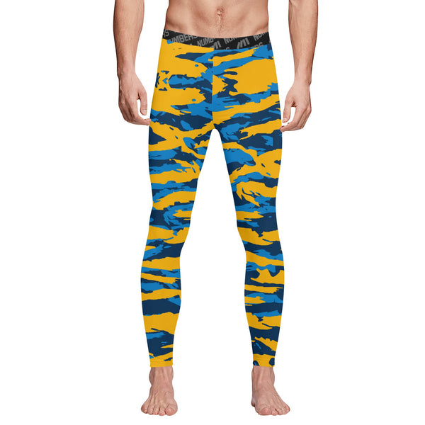 Athletic sports compression tights for youth and adult football, basketball, running, track, etc printed with predator navy blue baby blue yellow Los Angeles Chargers