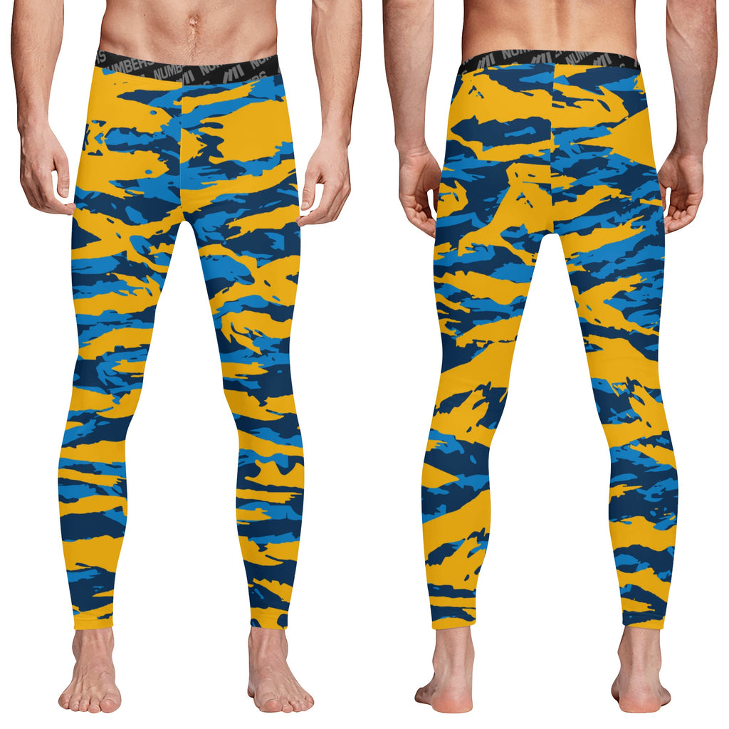 Athletic sports compression tights for youth and adult football, basketball, running, track, etc printed with predator navy blue baby blue yellow Los Angeles Chargers