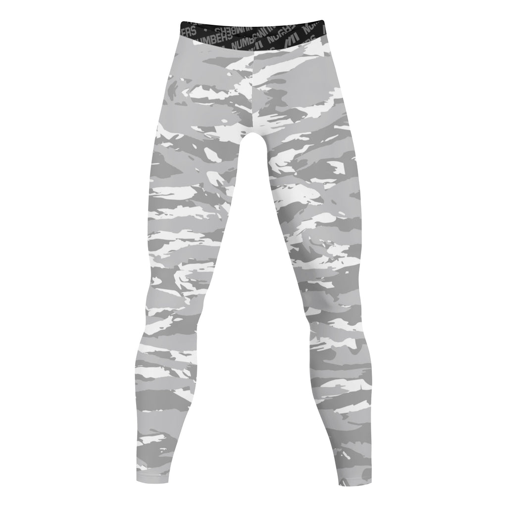 Athletic sports compression tights for youth and adult football, basketball, running, track, etc printed with predator gray white 