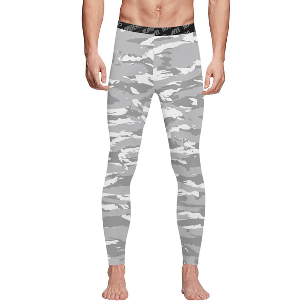 Athletic sports compression tights for youth and adult football, basketball, running, track, etc printed with predator gray white 