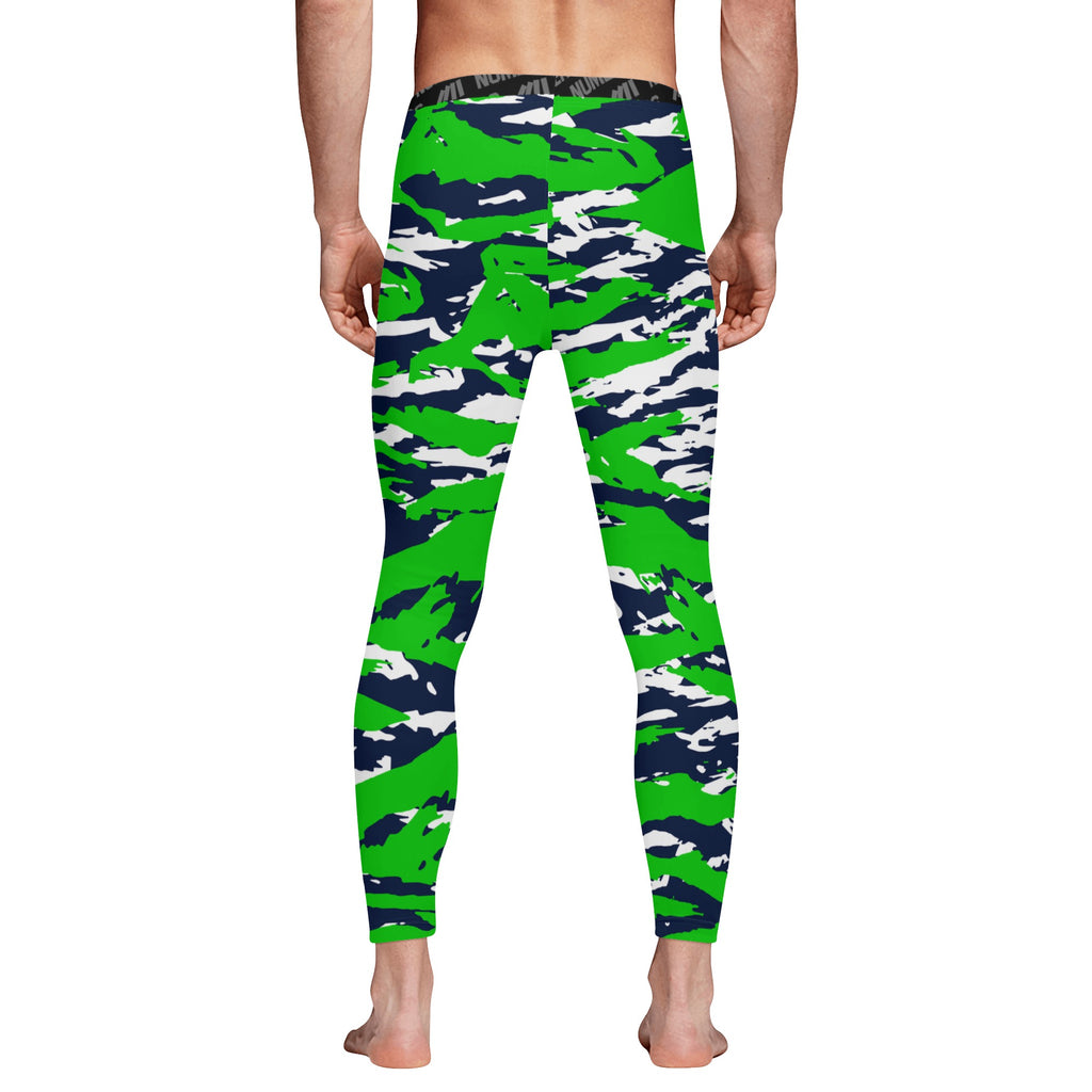 Athletic sports compression tights for youth and adult football, basketball, running, track, etc printed with predator green, navy blue, white Seattle Seahawks 