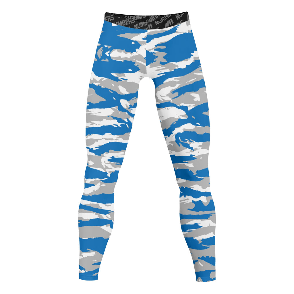 Athletic sports compression tights for youth and adult football, basketball, running, track, etc printed with predator light blue gray white Detroit Lions Air Force Falcons