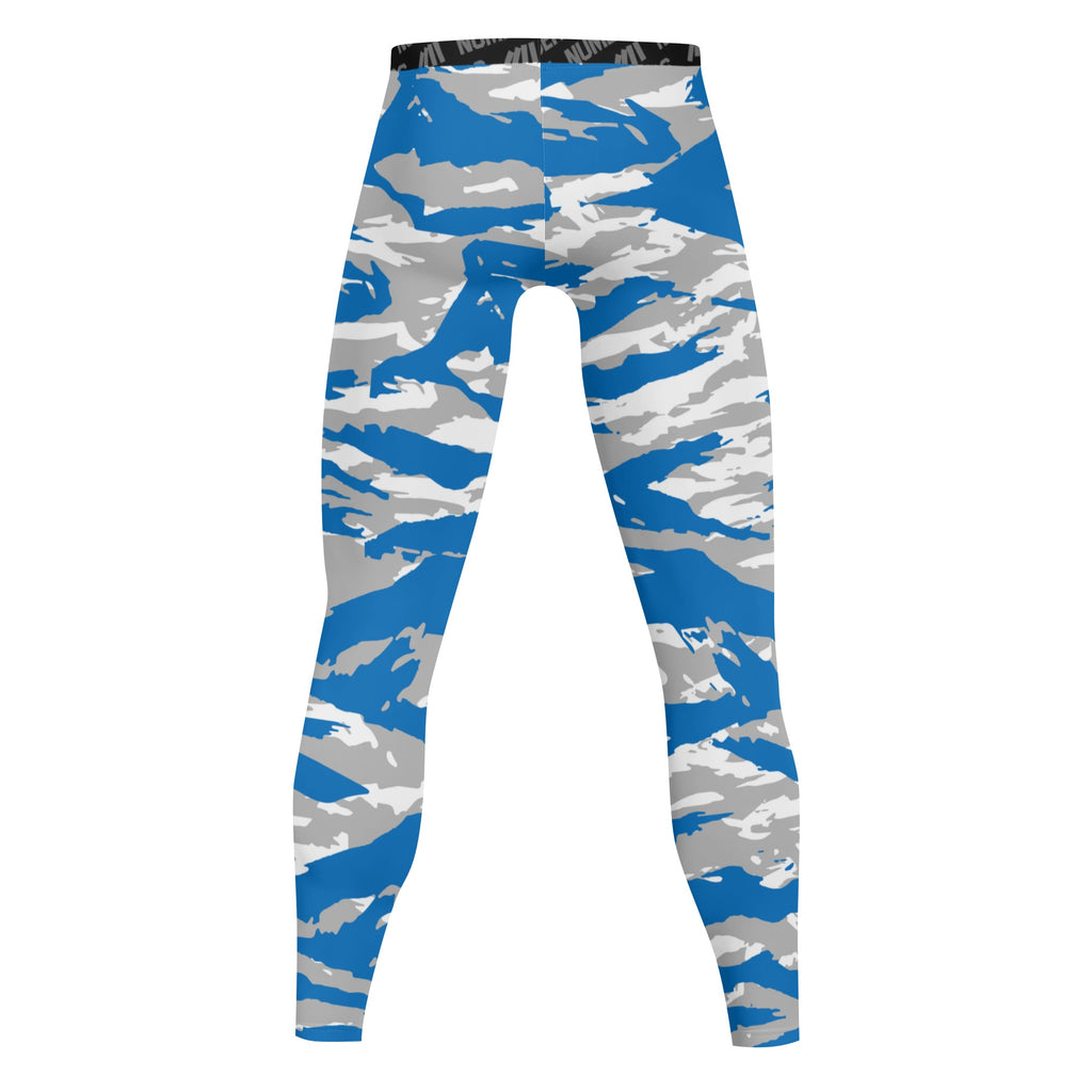 Athletic sports compression tights for youth and adult football, basketball, running, track, etc printed with predator light blue gray white Detroit Lions Air Force Falcons