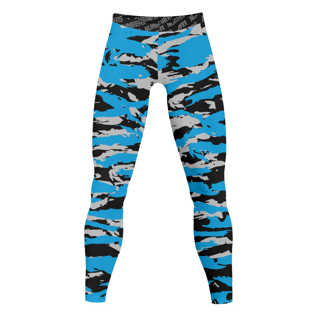Athletic sports compression tights for youth and adult football, basketball, running, track, etc printed with predator blue, black, and gray Carolina Panthers
