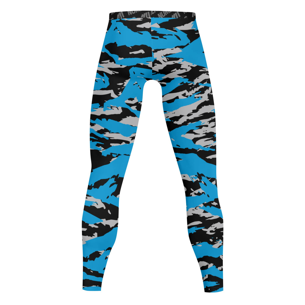 Athletic sports compression tights for youth and adult football, basketball, running, track, etc printed with predator blue, black, and gray Carolina Panthers