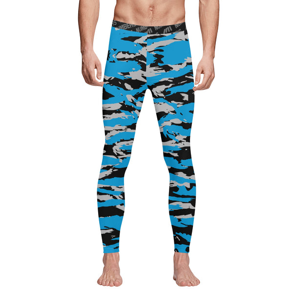 Athletic sports compression tights for youth and adult football, basketball, running, track, etc printed with predator blue, black, and gray Carolina Panthers