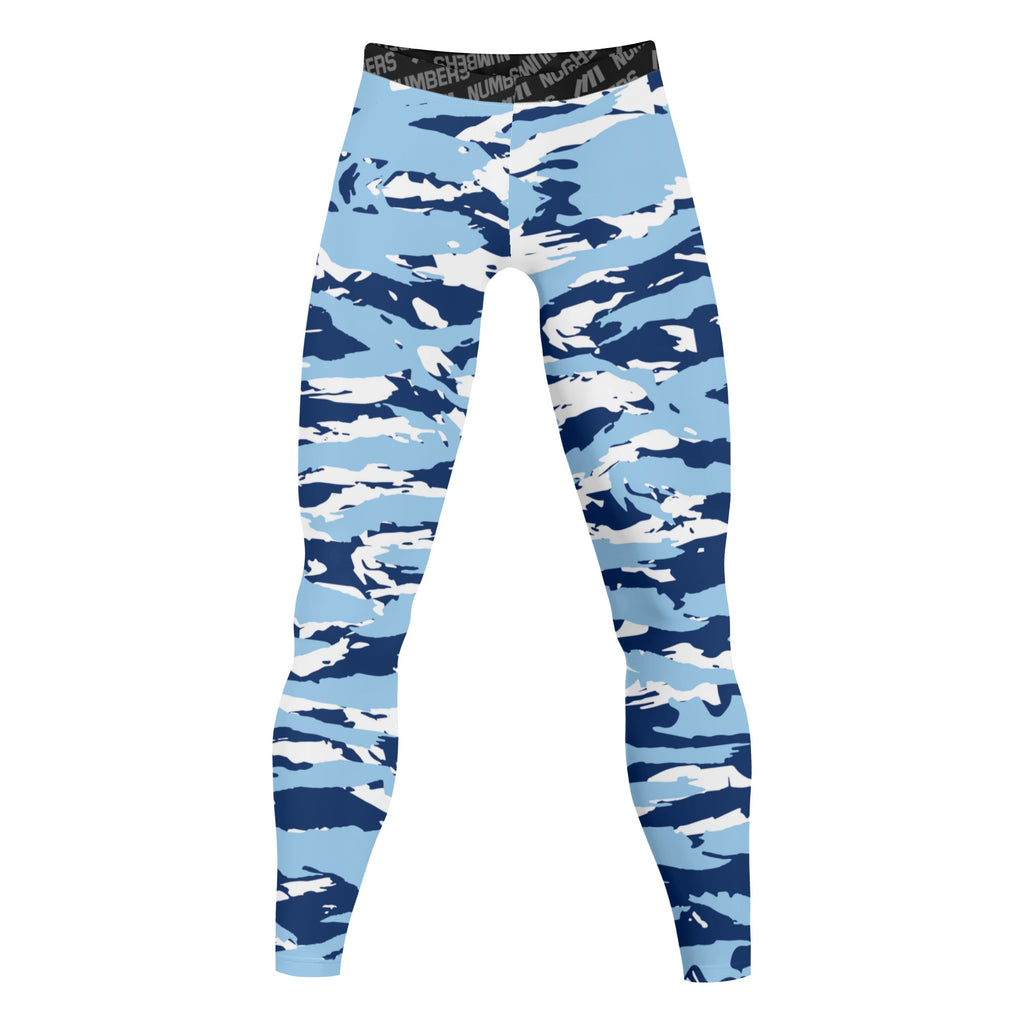 Athletic sports compression tights for youth and adult football, basketball, running, track, etc printed with predator baby blue navy blue white North Carolina Tar Heels