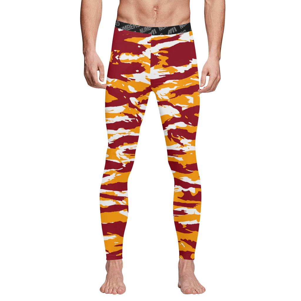 Athletic sports compression tights for youth and adult football, basketball, running, track, etc printed with predator maroon yellow white ASU Sun Devils USC Trojans Washington Commanders
