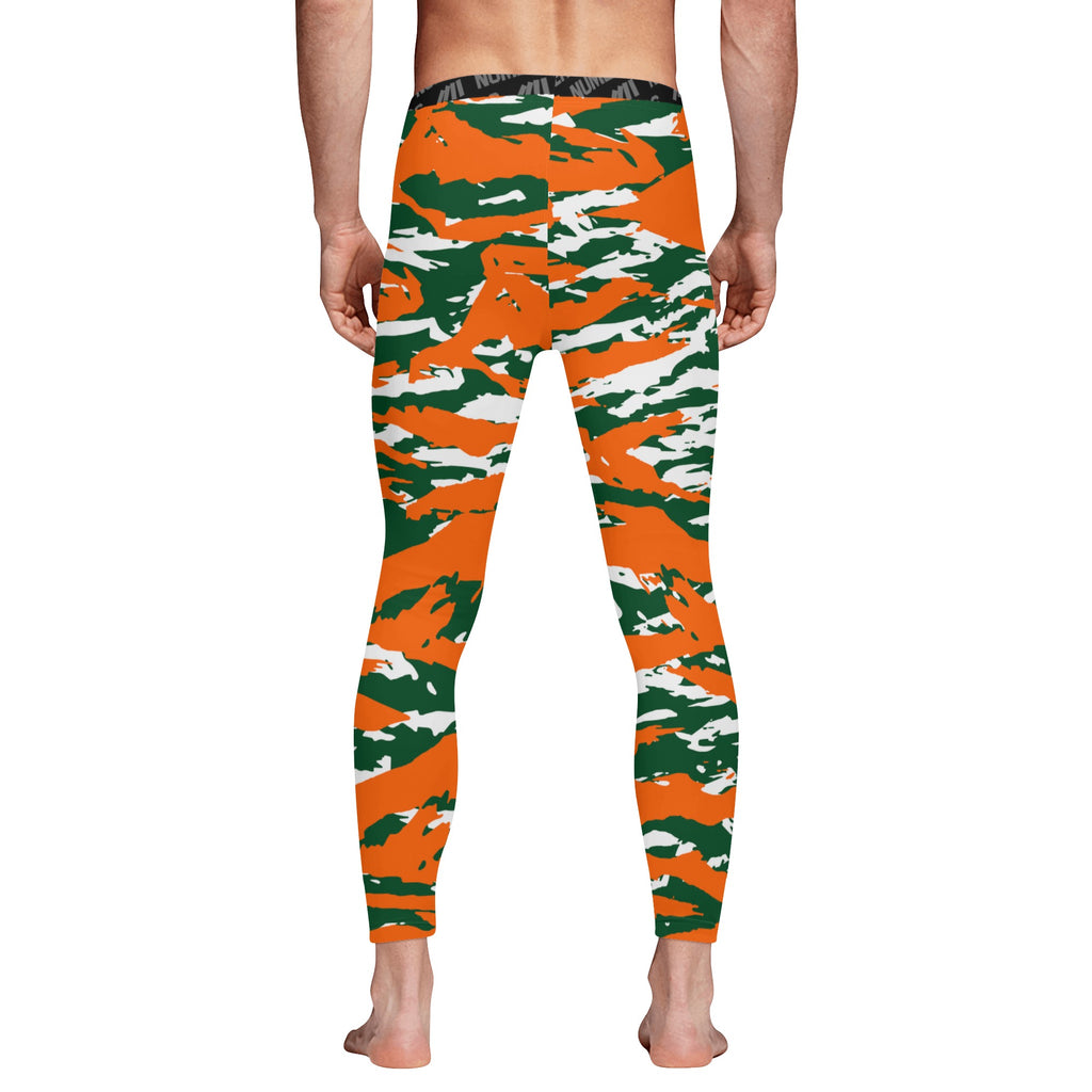Athletic sports compression tights for youth and adult football, basketball, running, track, etc printed with predator green orange white Miami Hurricanes