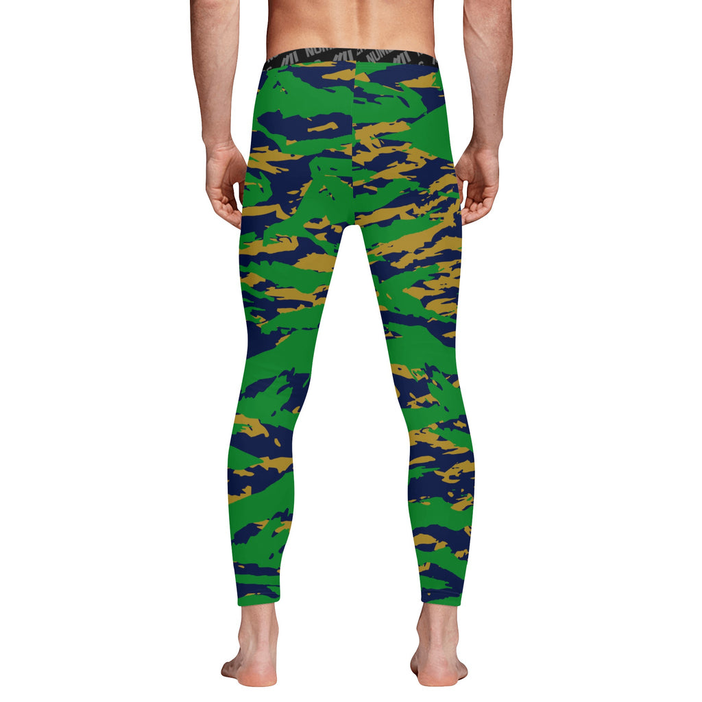 Athletic sports compression tights for youth and adult football, basketball, running, track, etc printed with predator navy blue green gold Notre Dame Fighting Irish