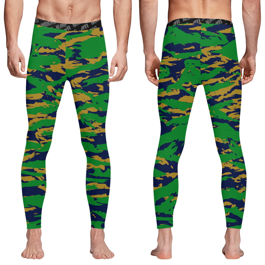 Athletic sports compression tights for youth and adult football, basketball, running, track, etc printed with predator navy blue green gold Notre Dame Fighting Irish