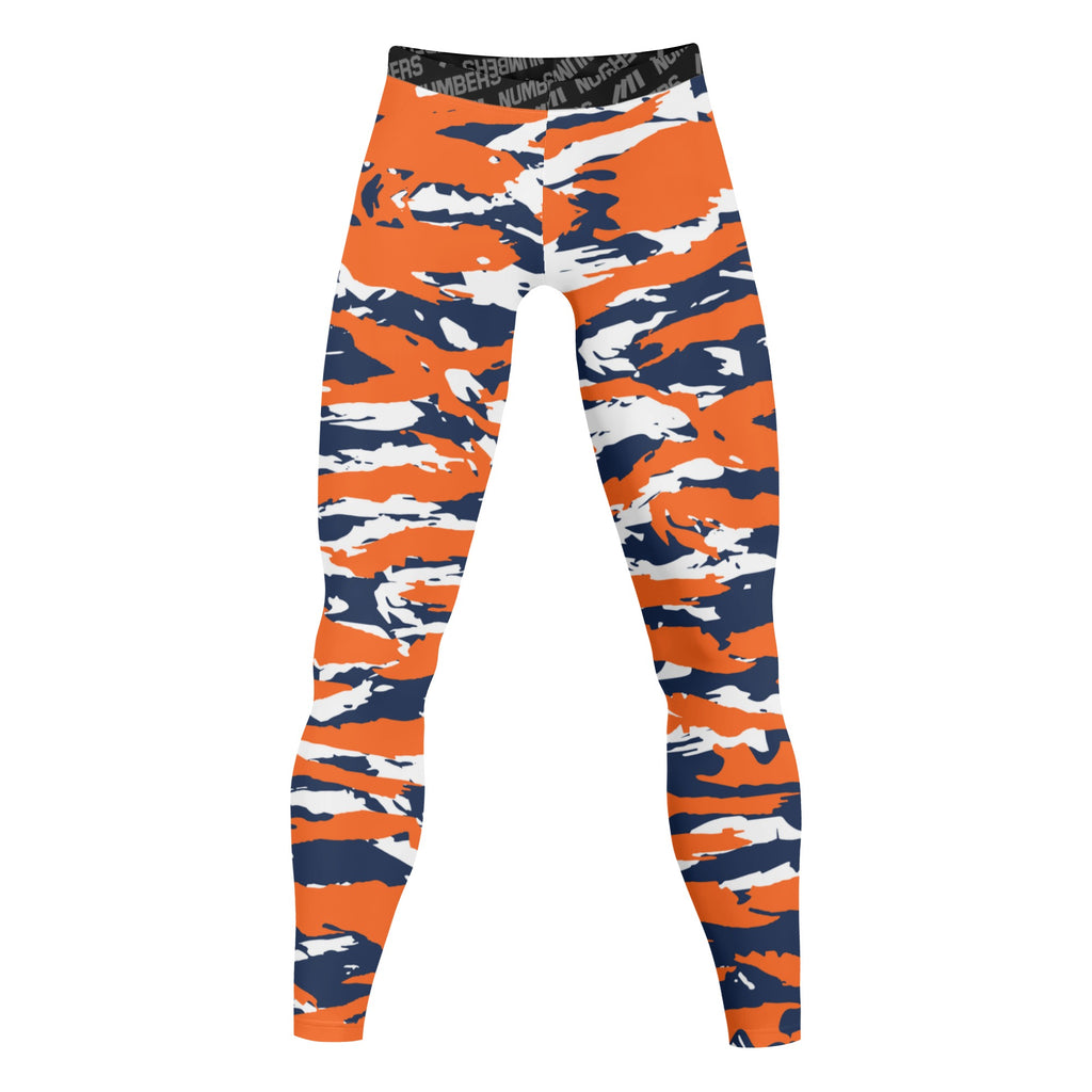 Athletic sports compression tights for youth and adult football, basketball, running, track, etc printed with predator navy blue, orange, and white colors