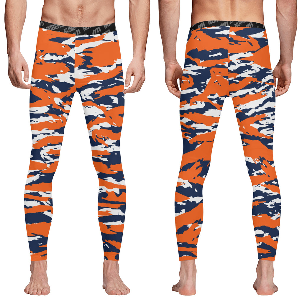 Athletic sports compression tights for youth and adult football, basketball, running, track, etc printed with predator navy blue, orange, and white colors