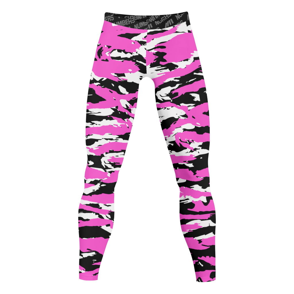 Athletic sports compression tights for youth and adult football, basketball, running, track, etc printed with predator pink, white, and black