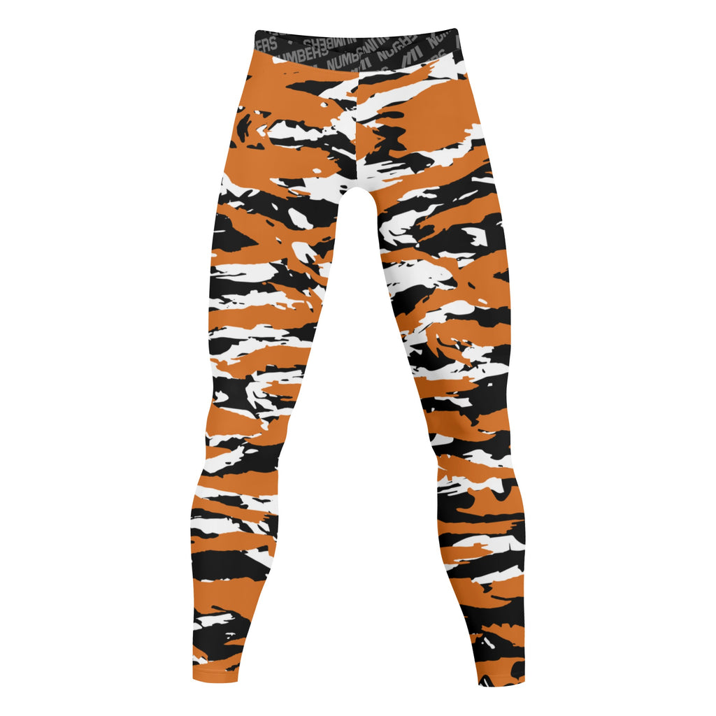 Athletic sports compression tights for youth and adult football, basketball, running, track, etc printed with predator burnt orange black white Texas Longhorns 