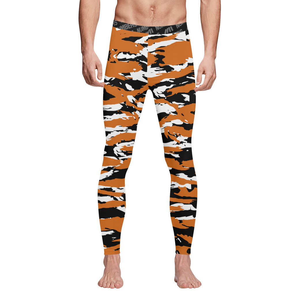 Athletic sports compression tights for youth and adult football, basketball, running, track, etc printed with predator burnt orange black white Texas Longhorns 