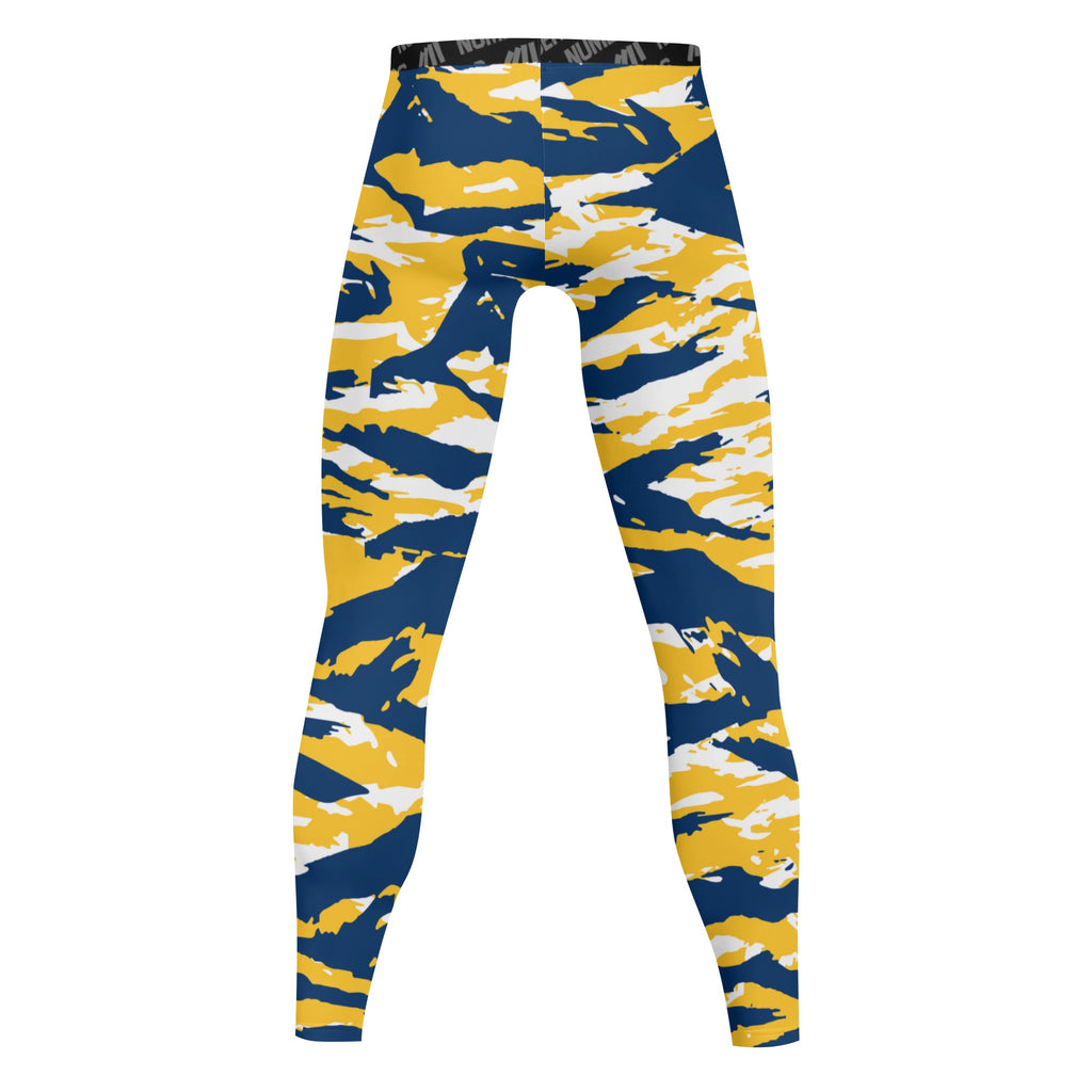 Athletic sports compression tights for youth and adult football, basketball, running, track, etc printed with predator navy blue yellow Indiana Pacers Michigan Wolverines