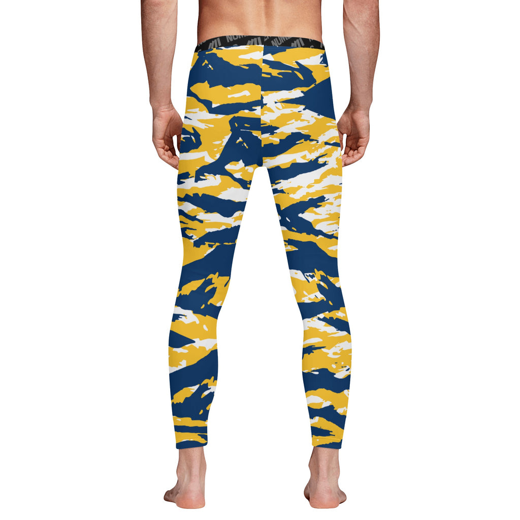 Athletic sports compression tights for youth and adult football, basketball, running, track, etc printed with predator navy blue yellow Indiana Pacers Michigan Wolverines