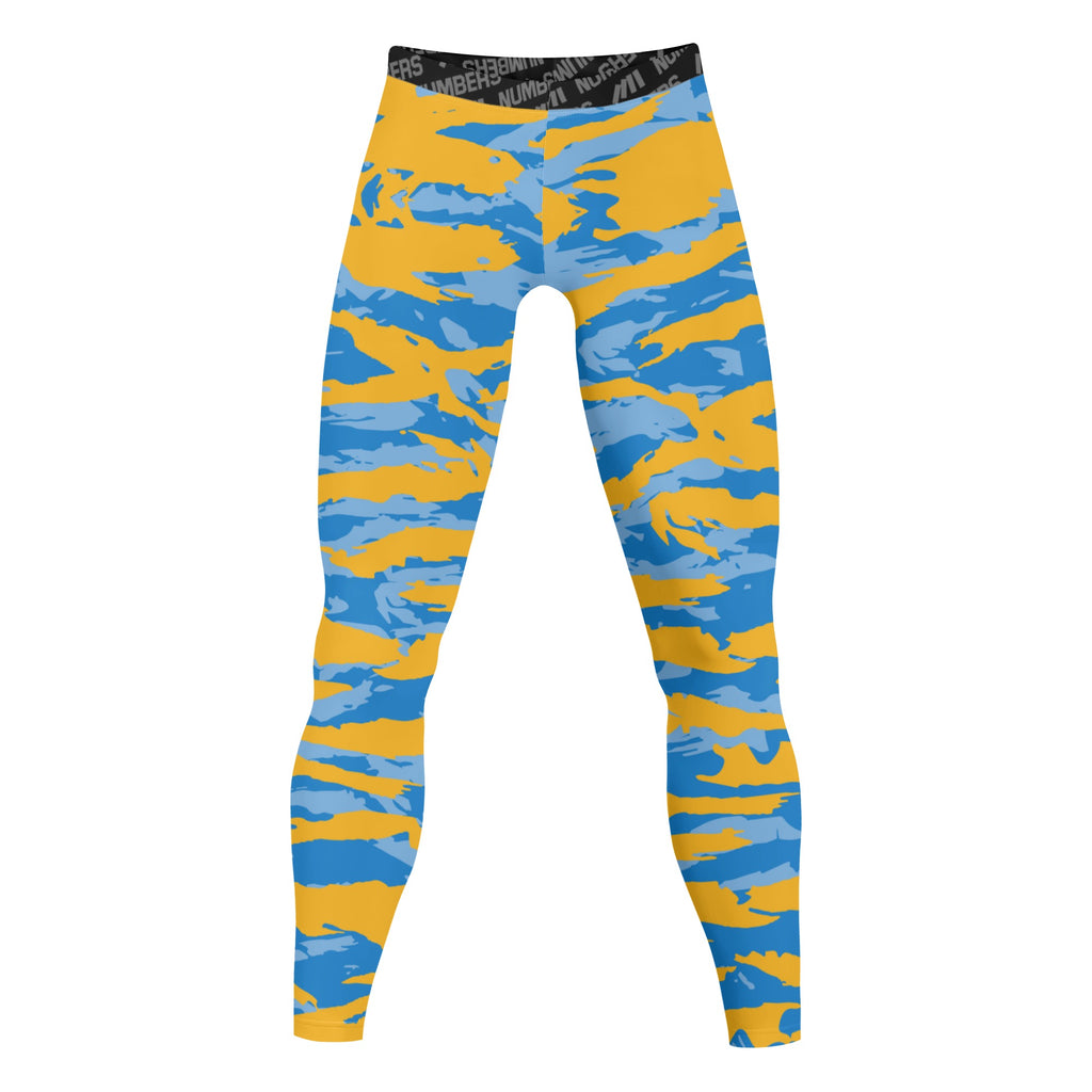 Athletic sports compression tights for youth and adult football, basketball, running, track, etc printed with predator baby blue yellow light blue Los Angeles Chargers 
