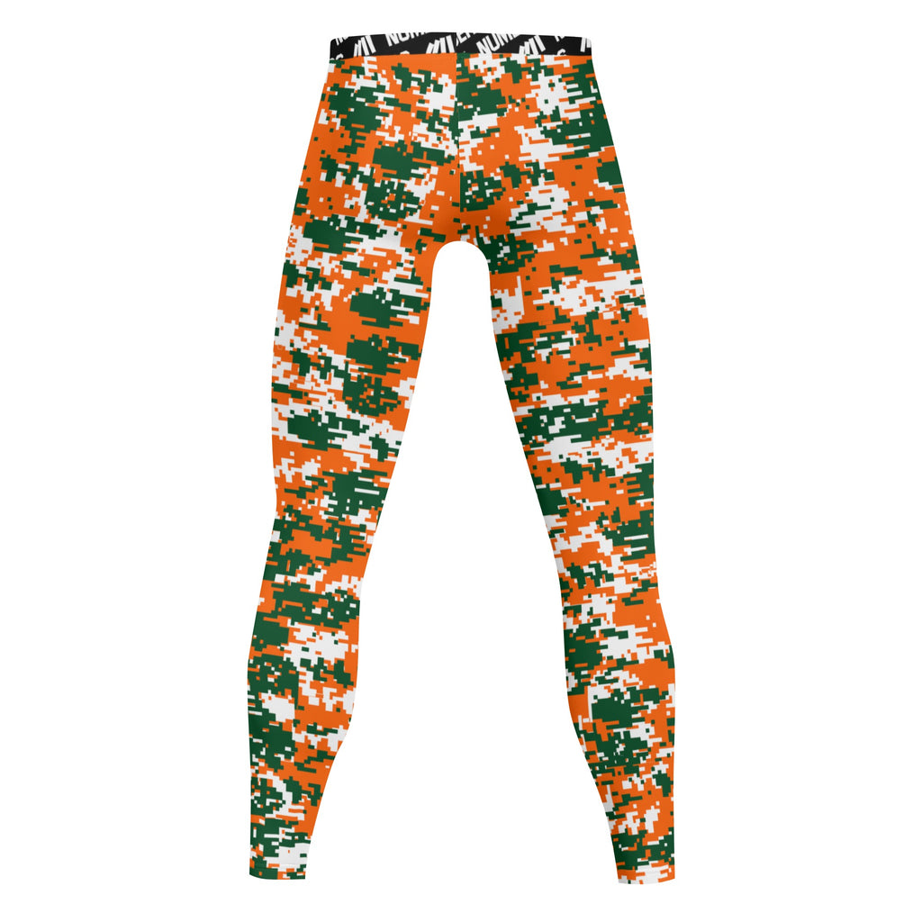 Athletic sports compression tights for youth and adult football, basketball, running, track, etc printed with digicamo orange, green, white Miami Hurricanes colors