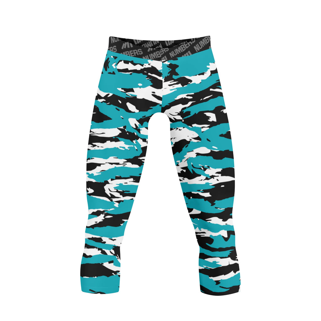 Athletic sports compression tights for youth and adult football, basketball, running, track, etc printed with predator turquoise black white San Jose Sharks 