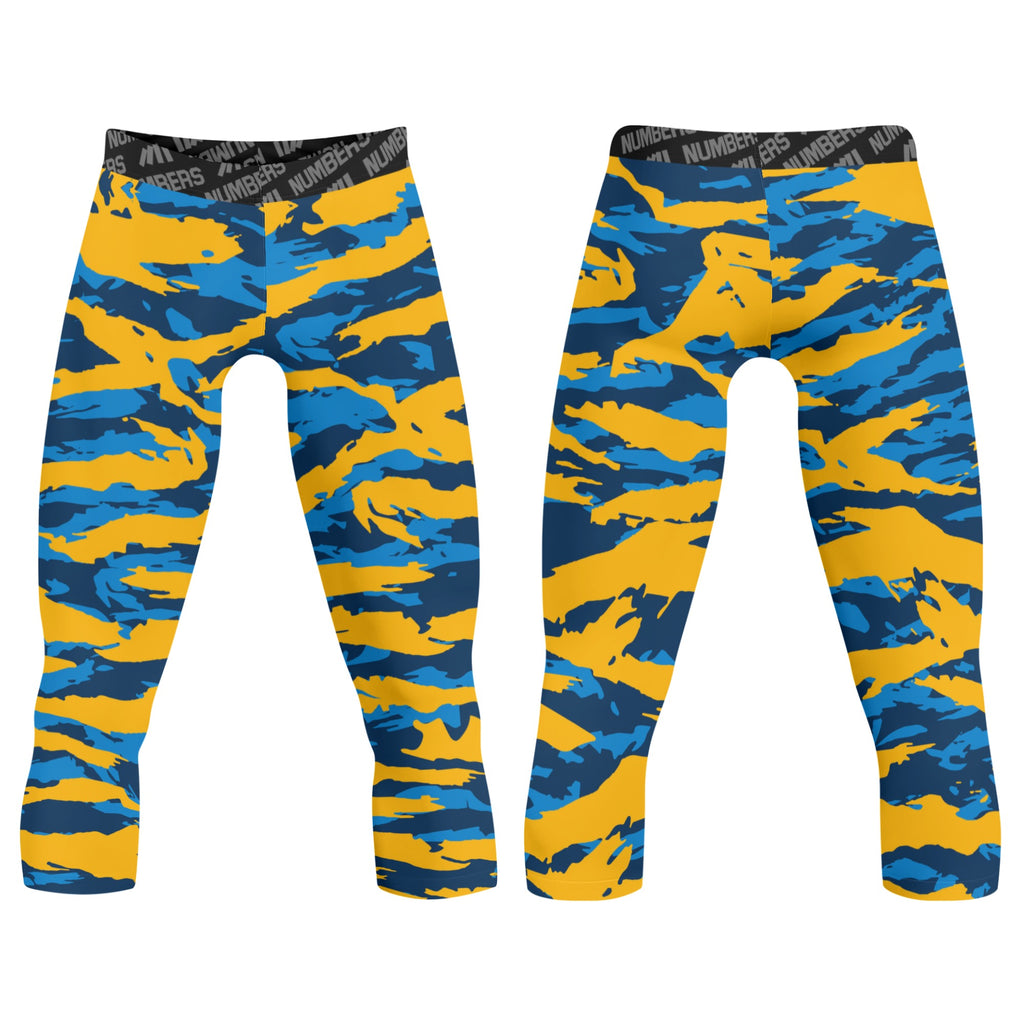 Athletic sports compression tights for youth and adult football, basketball, running, track, etc printed with predator blue baby blue yellow Los Angeles Chargers