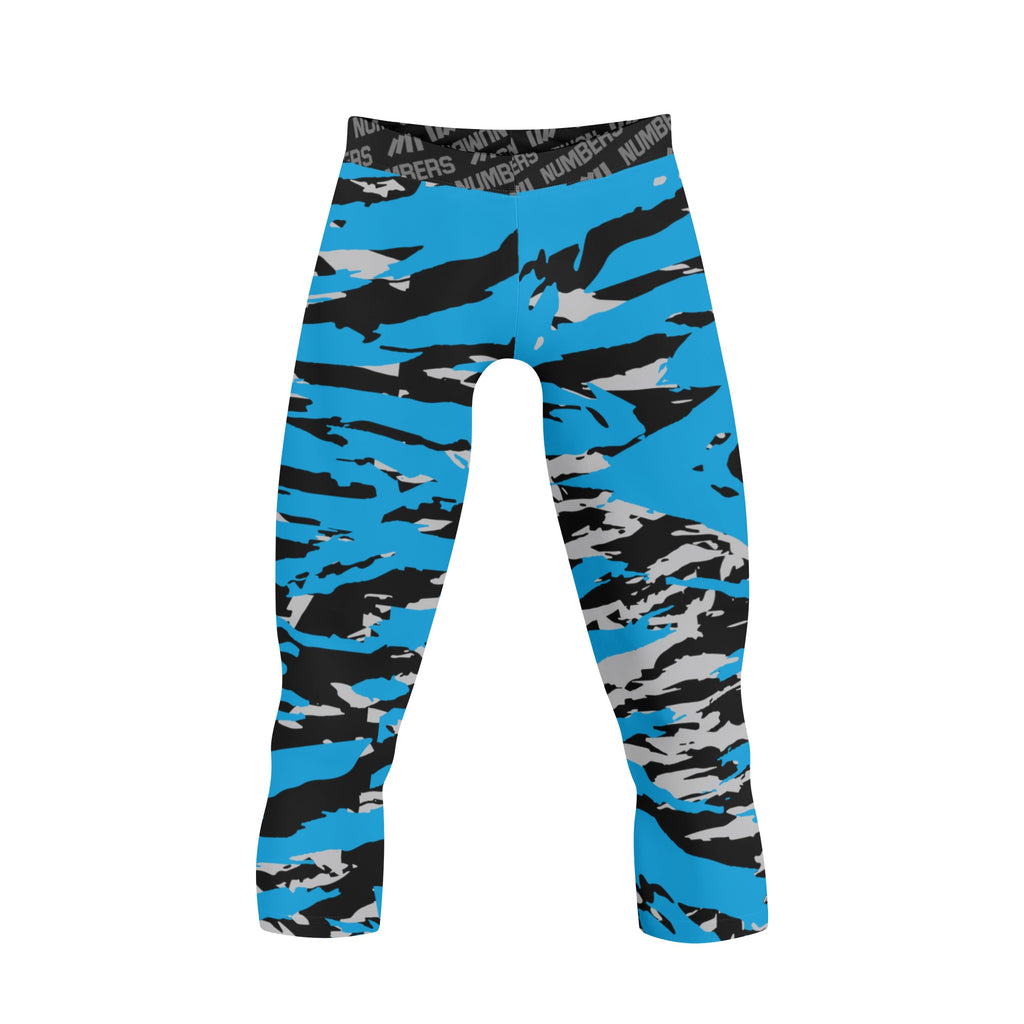 Athletic sports compression tights for youth and adult football, basketball, running, track, etc printed with predator blue black gray Carolina Panthers