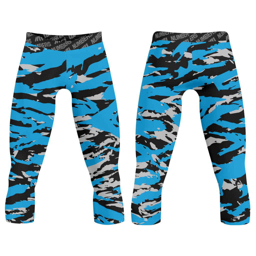 Athletic sports compression tights for youth and adult football, basketball, running, track, etc printed with predator blue black gray Carolina Panthers