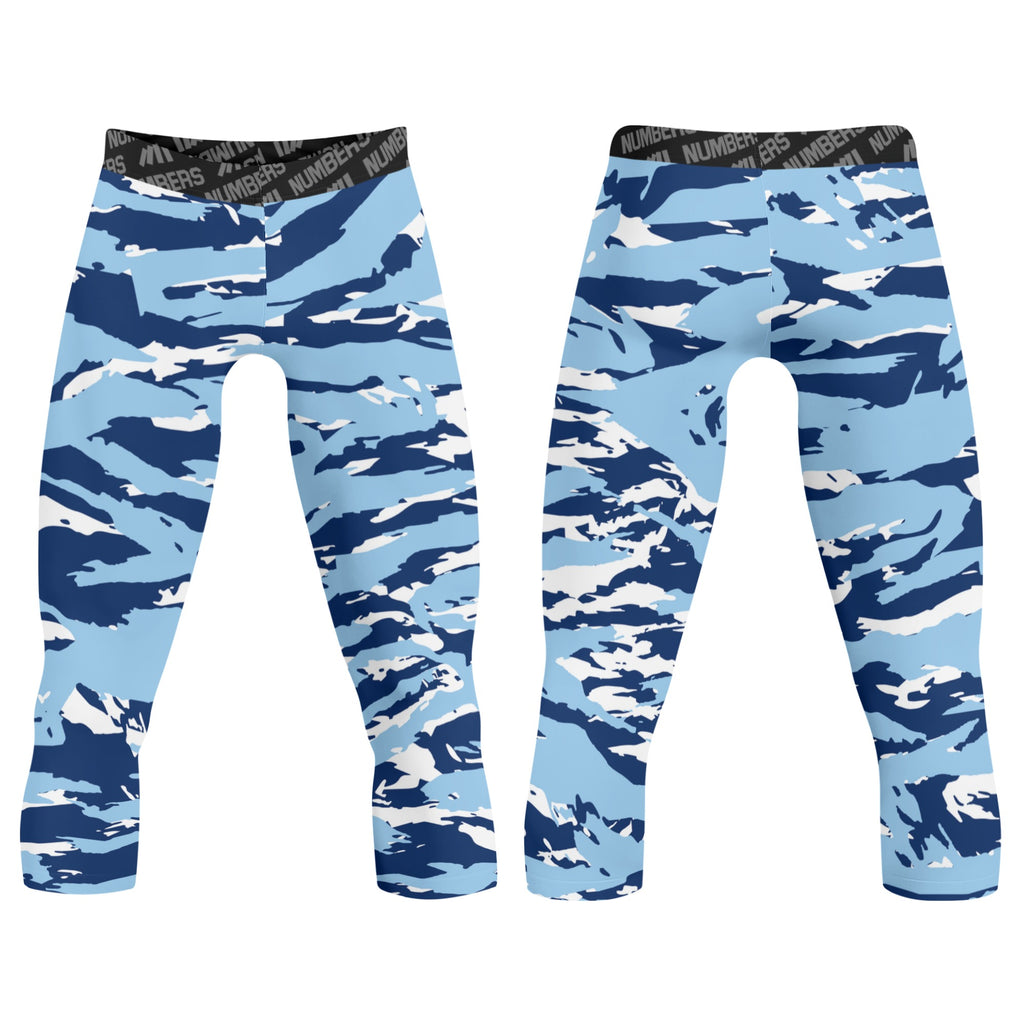 Athletic sports compression tights for youth and adult football, basketball, running, track, etc printed with predator baby blue navy blue white North Carolina Tar Heels 