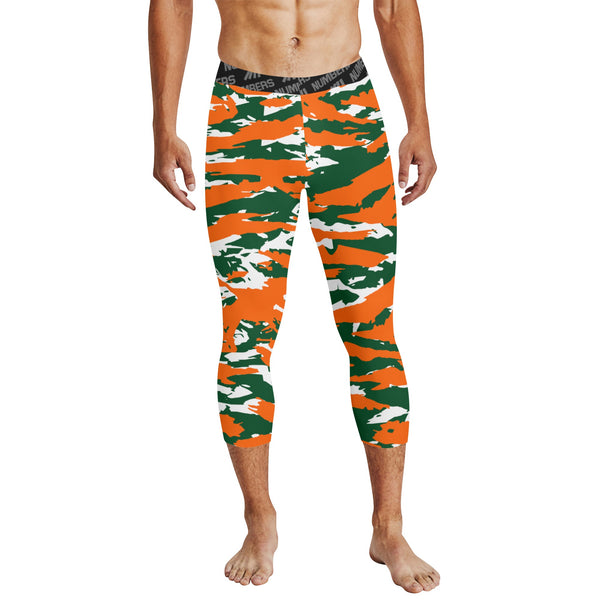 Athletic sports compression tights for youth and adult football, basketball, running, track, etc printed with predator green orange white Miami Hurricanes 