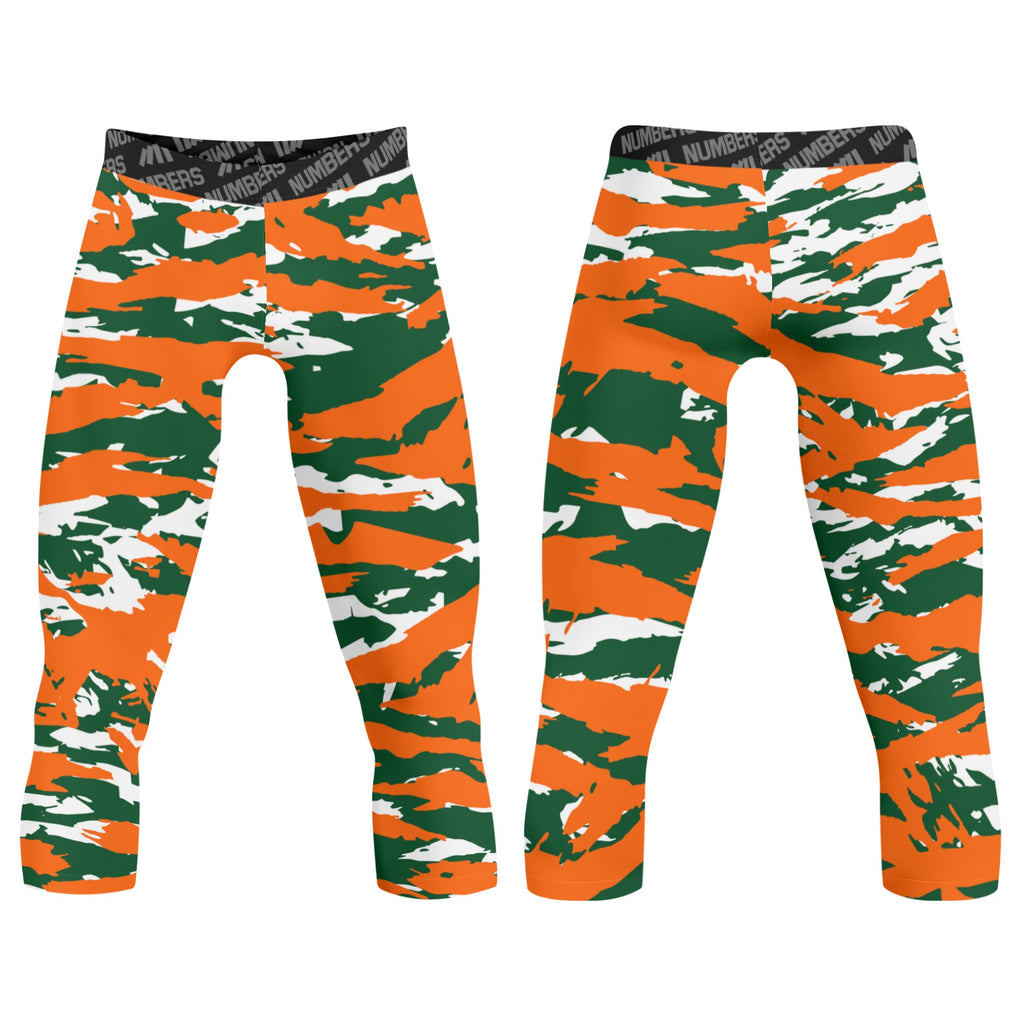 Athletic sports compression tights for youth and adult football, basketball, running, track, etc printed with predator green orange white Miami Hurricanes 