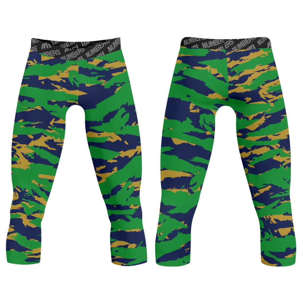 Athletic sports compression tights for youth and adult football, basketball, running, track, etc printed with predator green navy blue gold Notre Dame Fighting Irish