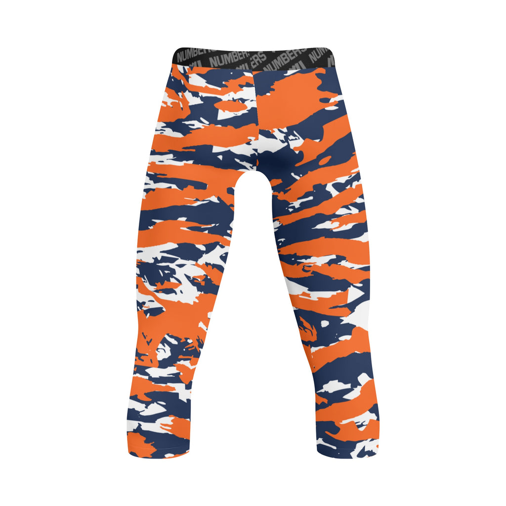 Athletic sports compression tights for youth and adult football, basketball, running, track, etc printed with predator navy blue orange white Denver Broncos Detroit Tigers
