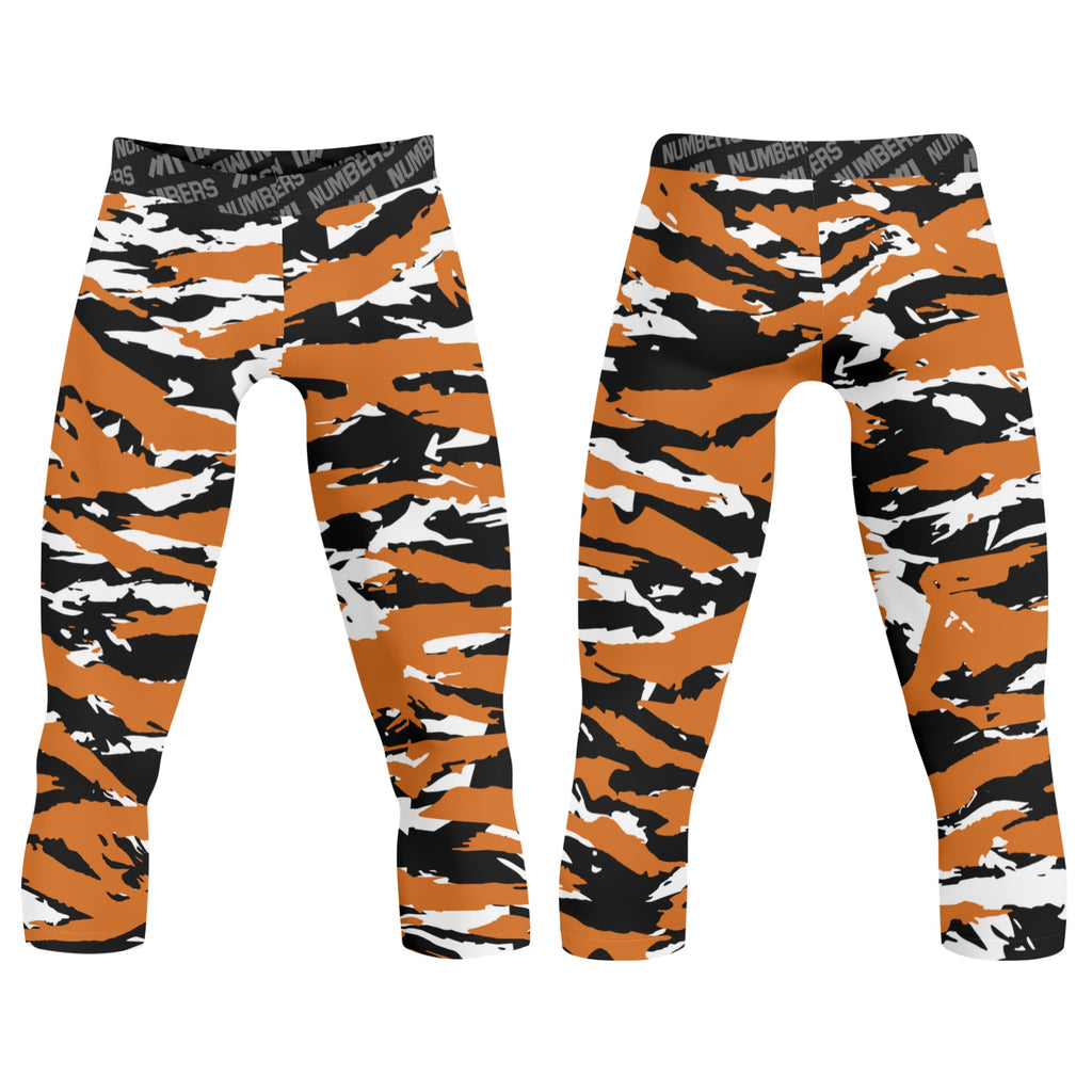Athletic sports compression tights for youth and adult football, basketball, running, track, etc printed with predator burnt orange black white Texas Longhorns  
