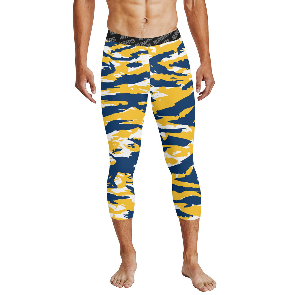 Athletic sports compression tights for youth and adult football, basketball, running, track, etc printed with predator navy blue yellow white Indiana Pacers Michigan Wolverines
