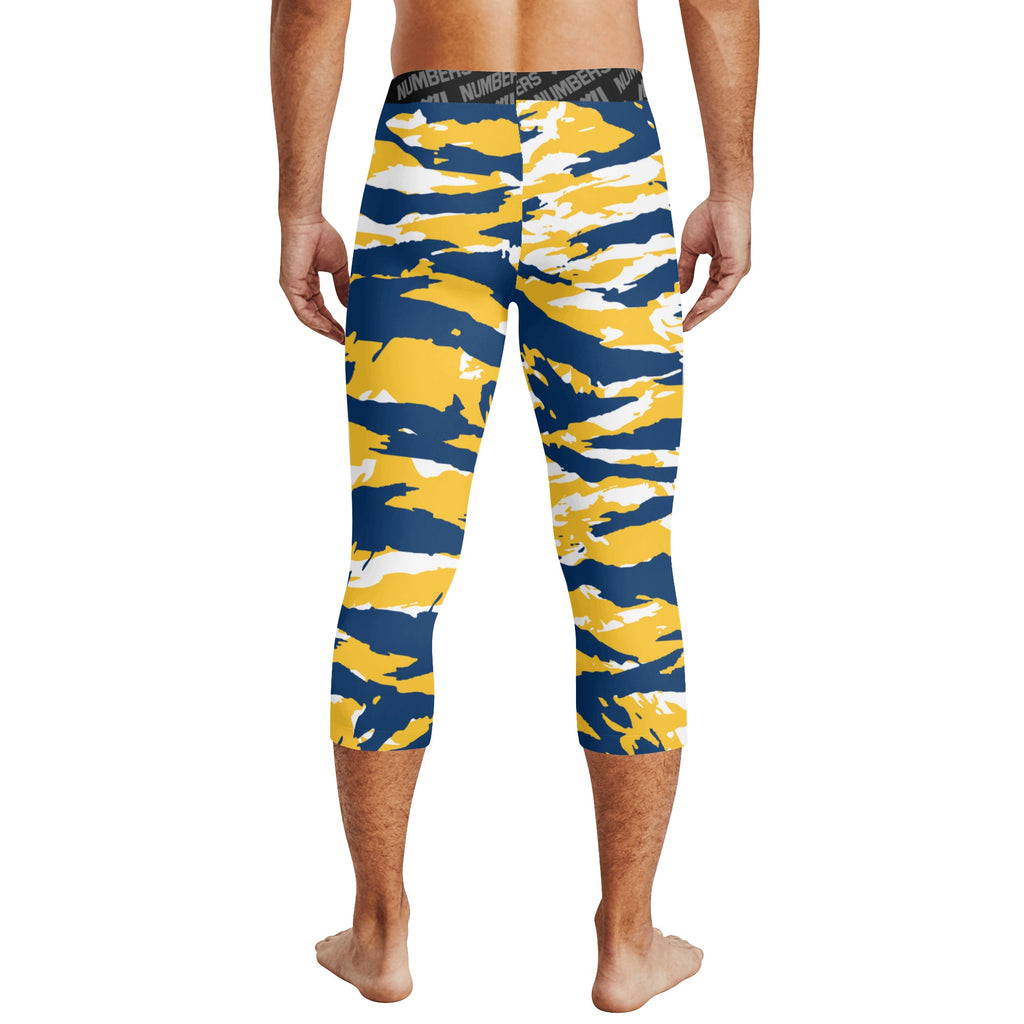 Athletic sports compression tights for youth and adult football, basketball, running, track, etc printed with predator navy blue yellow white Indiana Pacers Michigan Wolverines