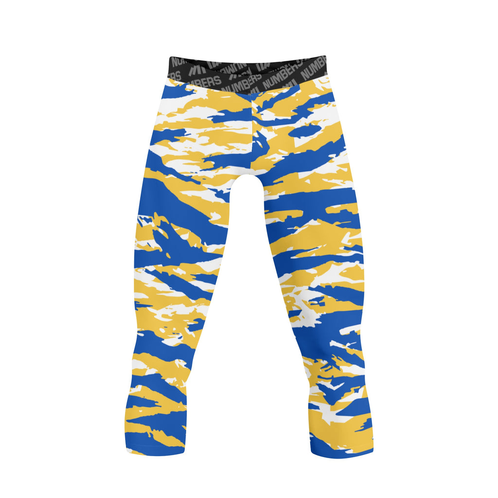 Athletic sports compression tights for youth and adult football, basketball, running, track, etc printed with predator royal blue yellow white Golden State Warriors