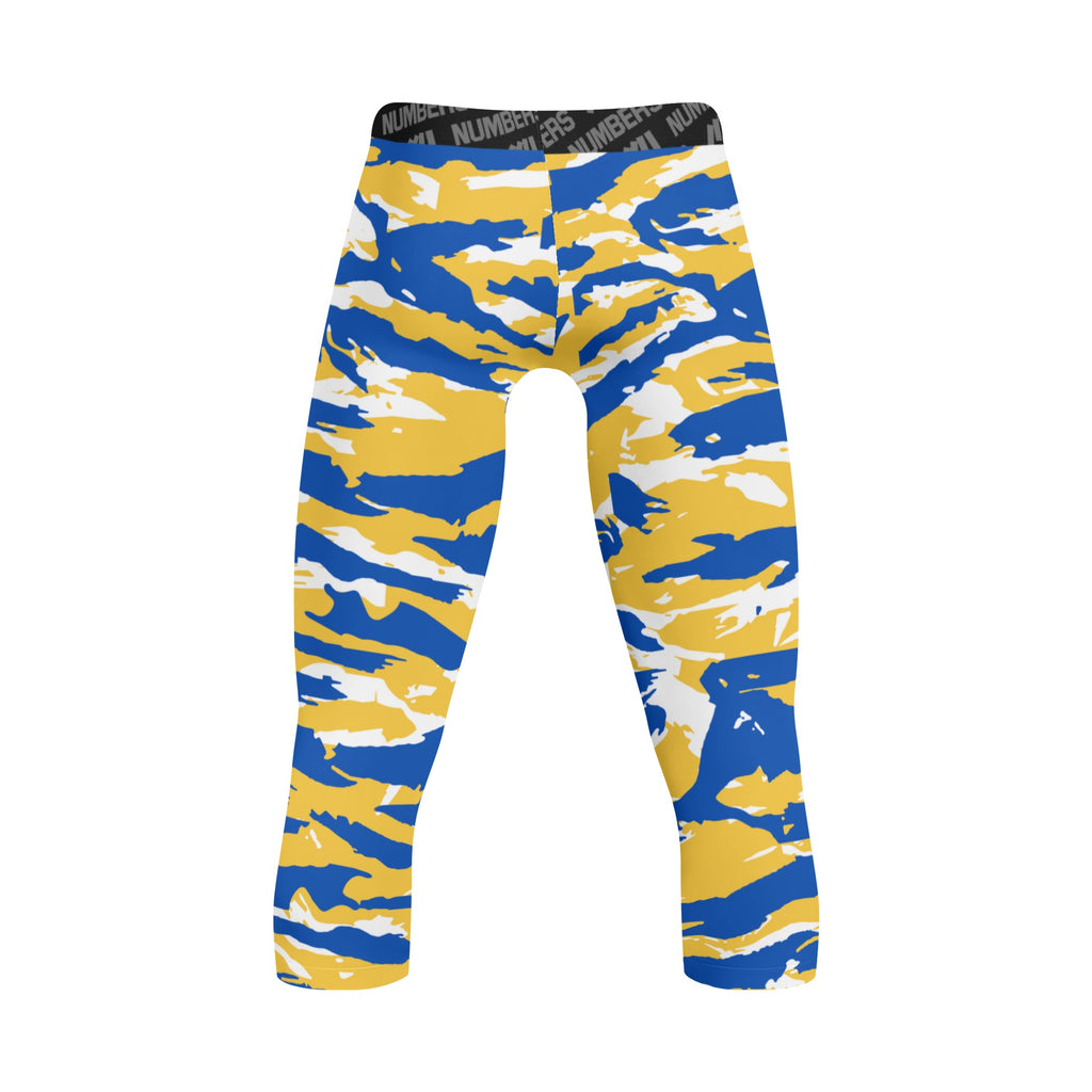 Athletic sports compression tights for youth and adult football, basketball, running, track, etc printed with predator royal blue yellow white Golden State Warriors