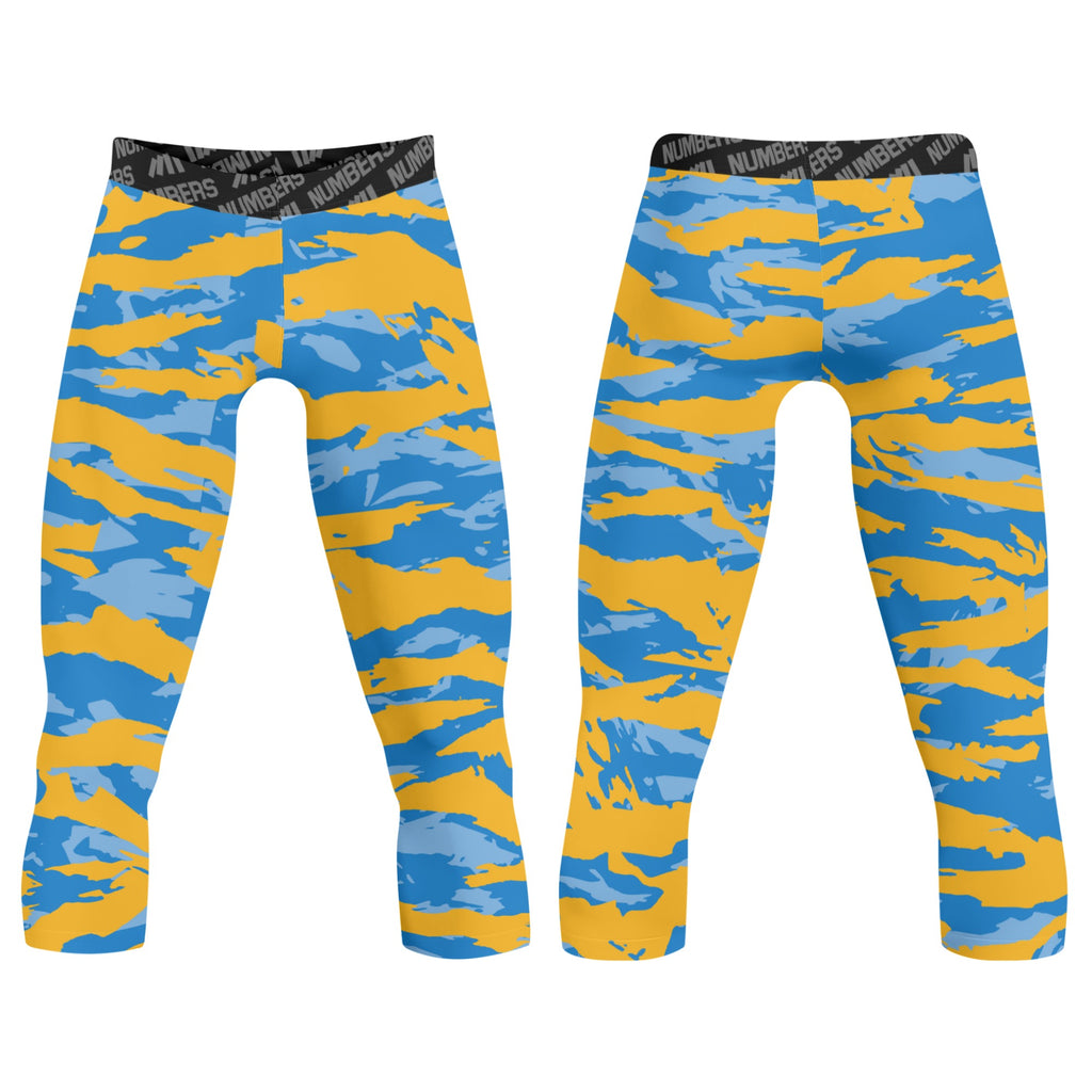 Athletic sports compression tights for youth and adult football, basketball, running, track, etc printed with predator baby blue light blue yellow Los Angeles Chargers