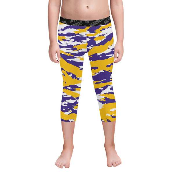 Athletic sports unisex kids youth compression tights for girls and boys flag football, tackle football, basketball, track, running, training, gym workout etc printed with predator purple, yellow, and white Minnesota Vikings LSU Tigers