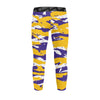 Athletic sports unisex kids youth compression tights for girls and boys flag football, tackle football, basketball, track, running, training, gym workout etc printed with predator purple, yellow, and white Minnesota Vikings LSU Tigers