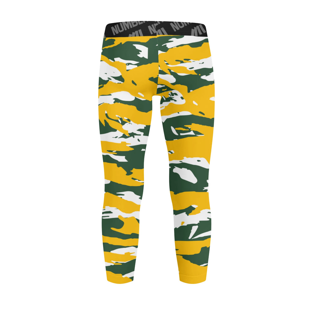 Athletic sports unisex kids youth compression tights for girls and boys flag football, tackle football, basketball, track, running, training, gym workout etc printed with predator green, yellow, and white Green Bay Packers